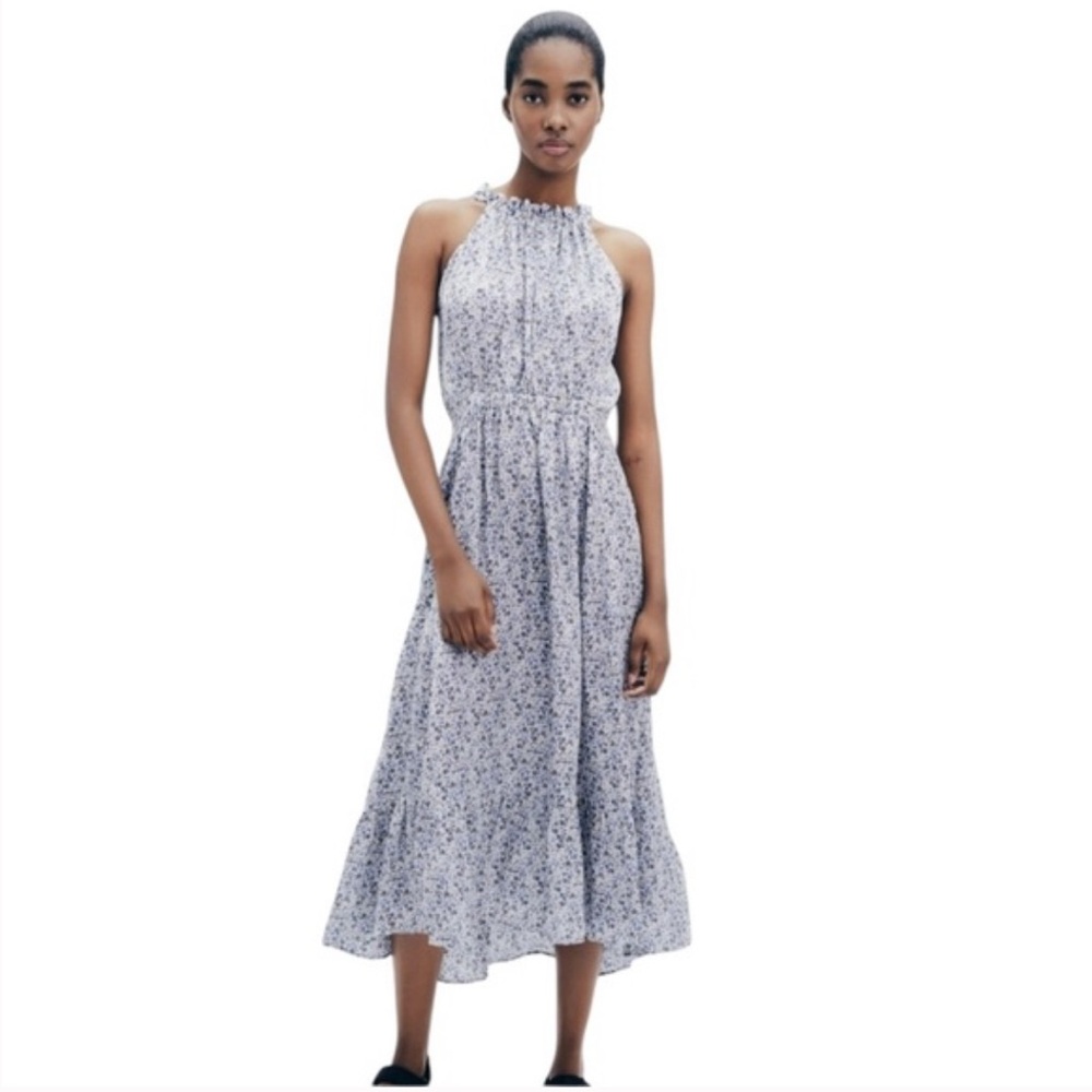 Zara Blue and White Floral Halter Satin Maxi Dress with High Low Hem Size S